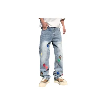 FONDLOOK Pants Men's Blue Colorful Knee High
