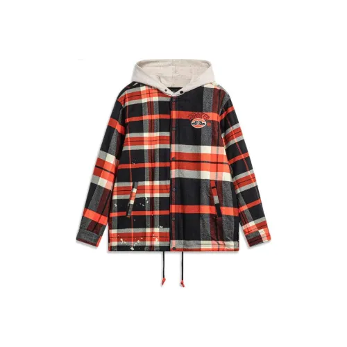 LiNing Badfive Puffer hooded Jacket Men's Red Black Plaid