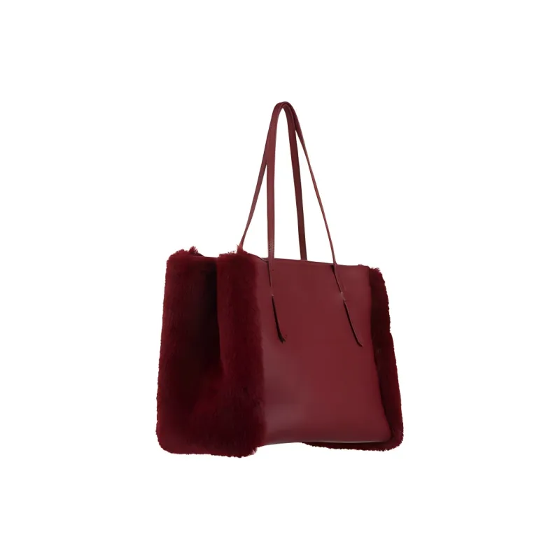 IRIDESCENCE Artificial Mink Wool With Cow Leather Tote One Shoulder Handbag Women's Olive Green-8