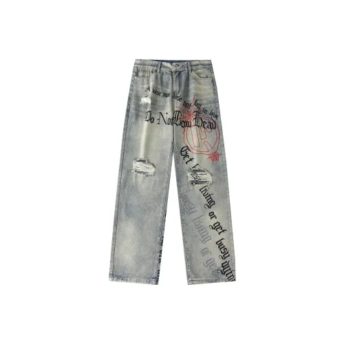 DNBH Hand drawn Doodle Series Jeans Unisex Vintage Blue