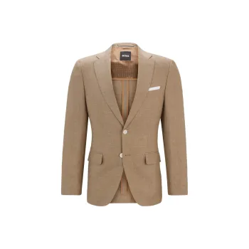 HUGO BOSS Slim Fit Jacket In Patterned Virgin Wool And Linen Jackets Coats Men's Light Brown