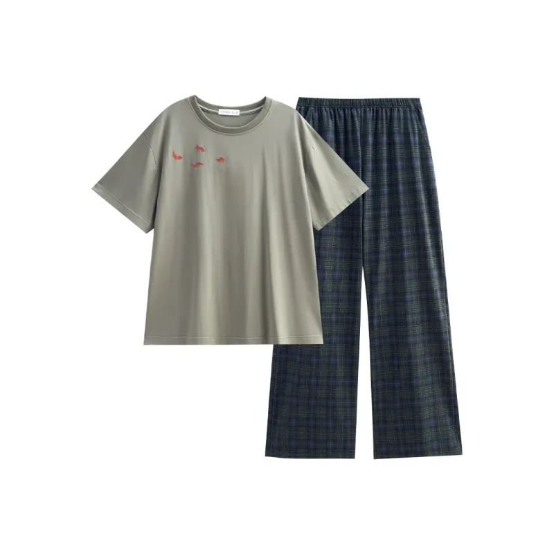 Same Language Pajama Set Women's Army Green · Ocean Cyan Plaid-0