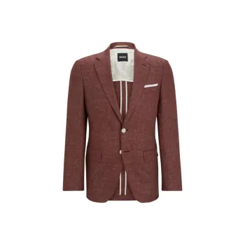 HUGO BOSS Slim-Fit Jacket In Patterned Virgin Wool And Linen Jackets Coats Men's Dark Brown