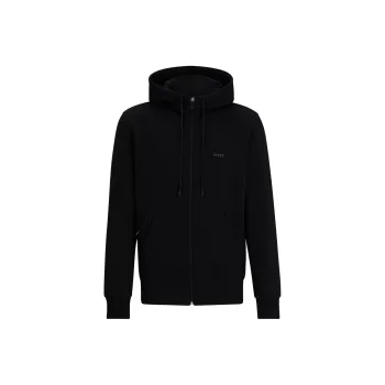 HUGO BOSS Stretch Cotton Zip Up Hoodie With Logo Print Jackets Coats Men's Black