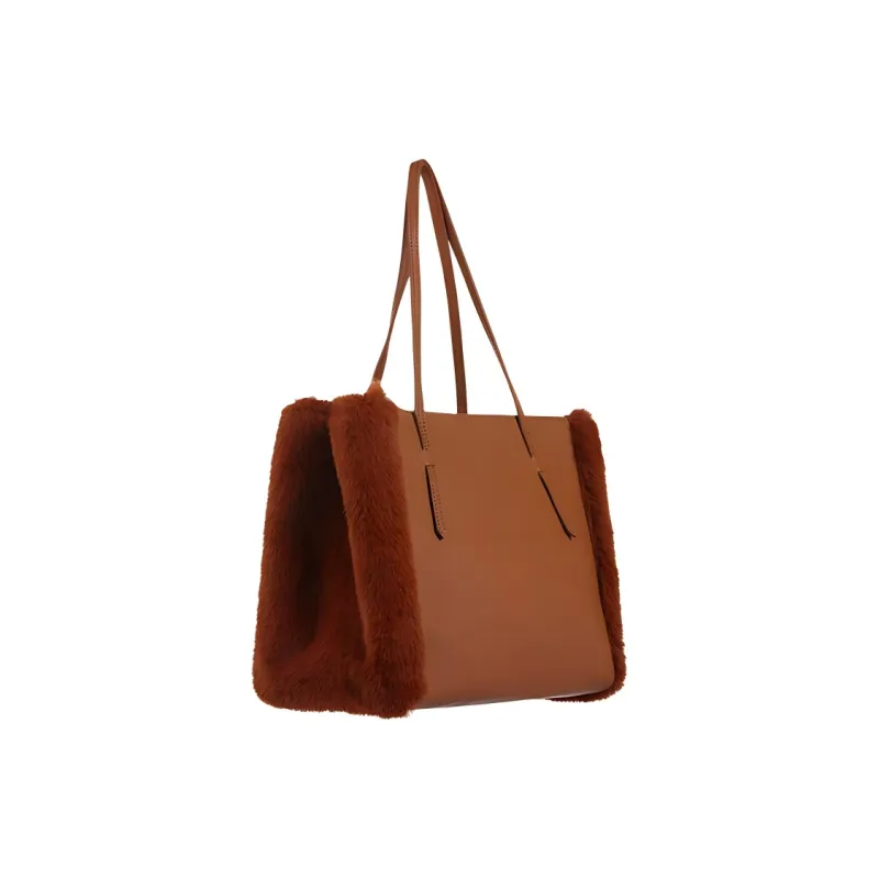 IRIDESCENCE Artificial Mink Wool With Cow Leather Tote One Shoulder Handbag Women's Olive Green-6