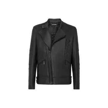 PHILIPP PLEIN Long Sleeved Leather Jacket Men's Black