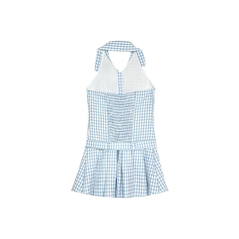 SECFLY OFFICIAL Sleeveless Dress Women's Blue Plaid Halter Top-1