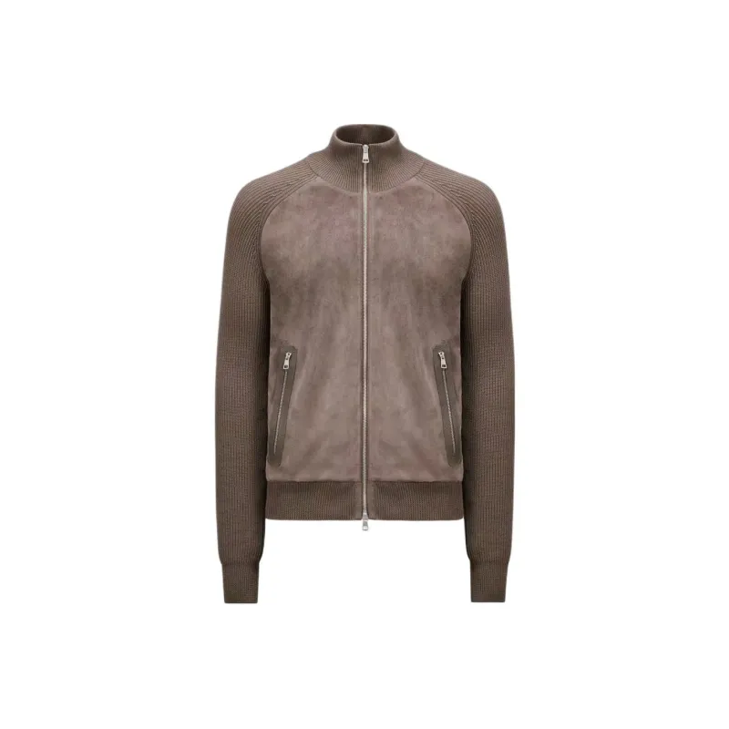 Moncler Cotton And Suede Cardigan Sweater Jackets & Coats Men's Brown-0