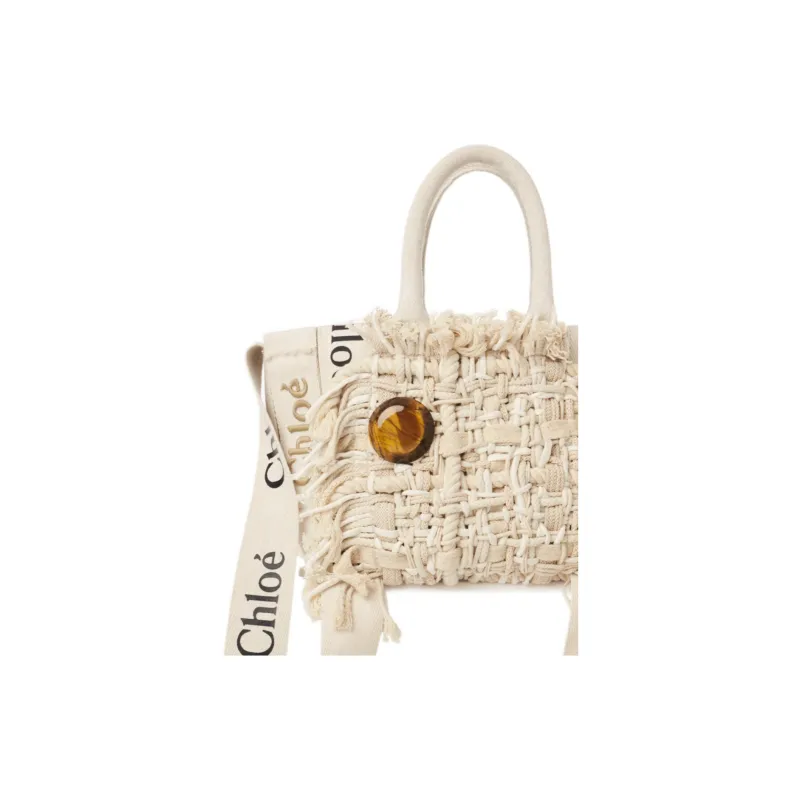 Chloe Woody Linen Tote Bag Shopping Bag Crossbody One Shoulder Handbags Small Size Women's Beige-2