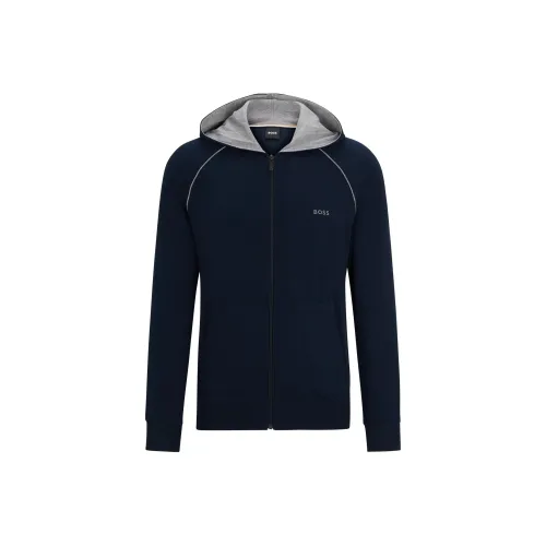 HUGO BOSS Stretch Cotton Zip Up Hoodie With Logo Detail Jackets & Coats Men's Dark Blue
