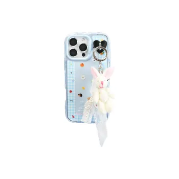 Sopi Acrylic Material Blue Plaid Trim Small Animal Phone Cases Compatible With IPhone 16/15 Pro Max/Apple 13/14 Pro/Max