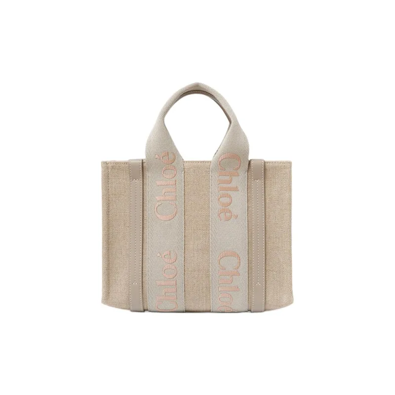 Chloe Woody Linen Tote Bag, Shopping Bag, Shoulder Bag, Handbag Small Size Women's Khaki-0