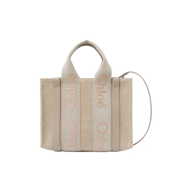 Chloe Woody Linen Tote Bag, Shopping Bag, Shoulder Bag, Handbag Small Size Women's Khaki-1