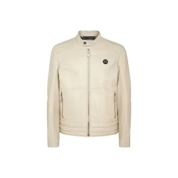 PHILIPP PLEIN Padded Leather Biker Jacket Leather Jacket Men's Ecru