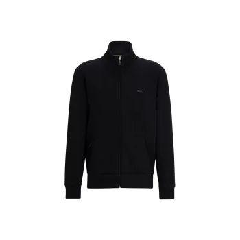 HUGO BOSS Stretch Cotton Zip Up Sweatshirt With Logo Print Jackets Coats Men's Black