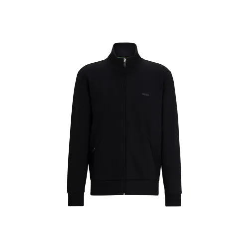 HUGO BOSS Stretch Cotton Zip Up Sweatshirt With Logo Print Jackets Coats Men's Black
