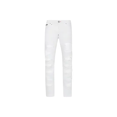 PHILIPP PLEIN Denim Trousers Super Straight Cut With Python Inserts Jeans Men's White