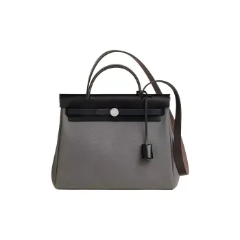 HERMES Herbag Zip Hunter Leather With Canvas One Shoulder Handbag Women's Gray & Black