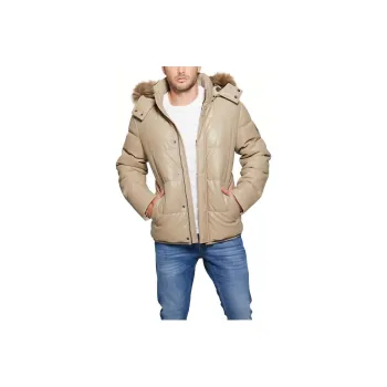 GUESS Faux-Leather Hooded Puffer Jacket Jackets Coats Men's Pasadena Stone