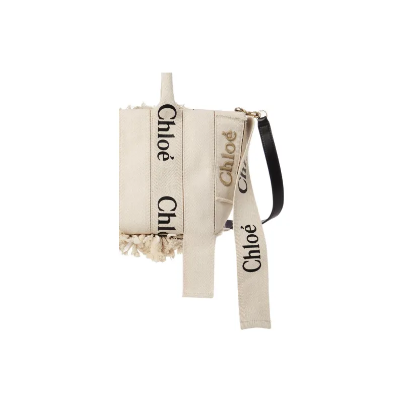 Chloe Woody Linen Tote Bag Shopping Bag Crossbody One Shoulder Handbags Small Size Women's Beige-3