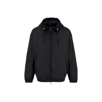 EMPORIO ARMANI Lightweight Nylon Hooded Zip up Blouson With All over Jacquard Lettering
