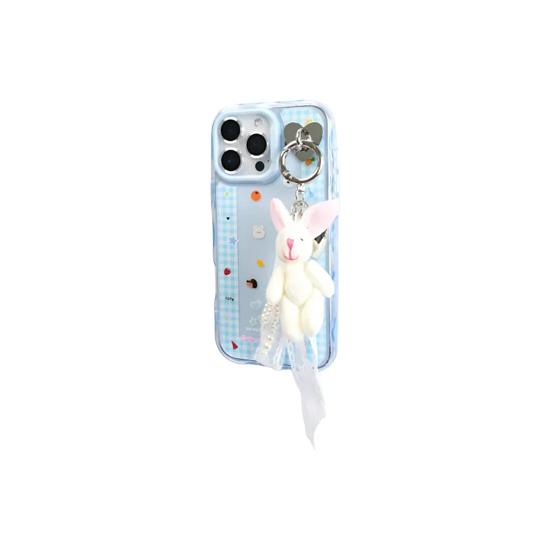 Sopi Acrylic Material Blue Plaid Trim Small Animal Phone Cases Compatible With IPhone 16/15 Pro Max/Apple 13/14 Pro/Max-2