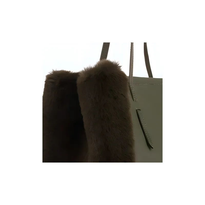 IRIDESCENCE Artificial Mink Wool With Cow Leather Tote One Shoulder Handbag Women's Olive Green-4
