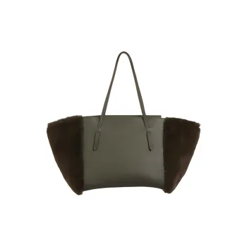 IRIDESCENCE Artificial Mink Wool With Cow Leather Tote One Shoulder Handbag Women's Olive Green