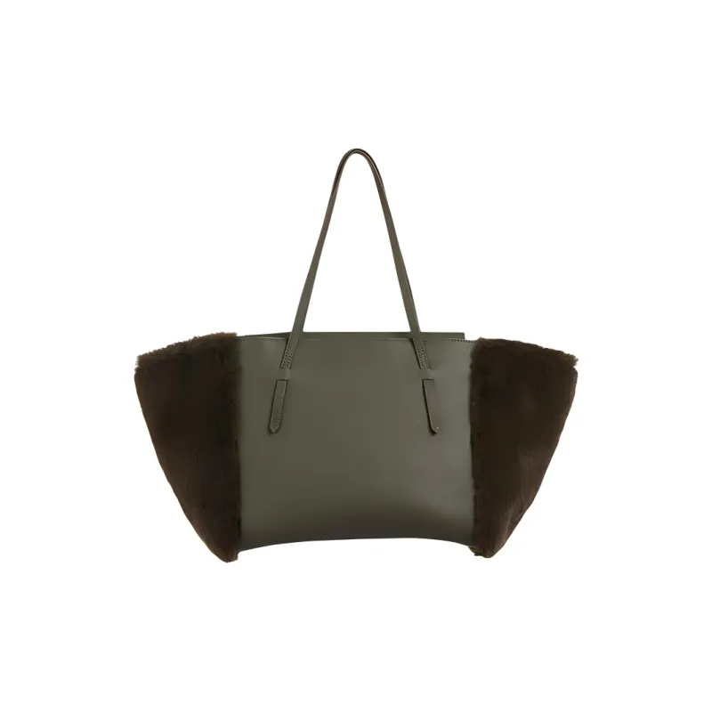 IRIDESCENCE Artificial Mink Wool With Cow Leather Tote One Shoulder Handbag Women's Olive Green-0