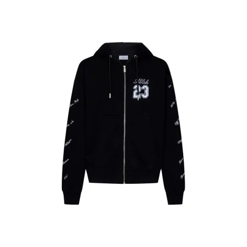 OFF WHITE Logo Embroidered Zip Up Drawstring Hoodie