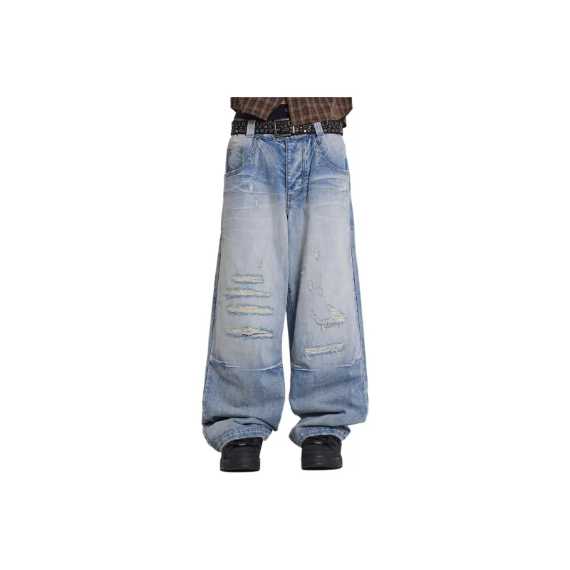 Jaded London Drift Series Drift Collection Bleach Repaired Low Rise Jeans Men's Light Blue-0