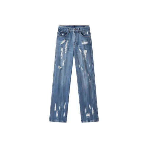 BLANC & ECLARE Relaxed White Washed Ripped Design Casual Draped Mid Rise Jeans Unisex
