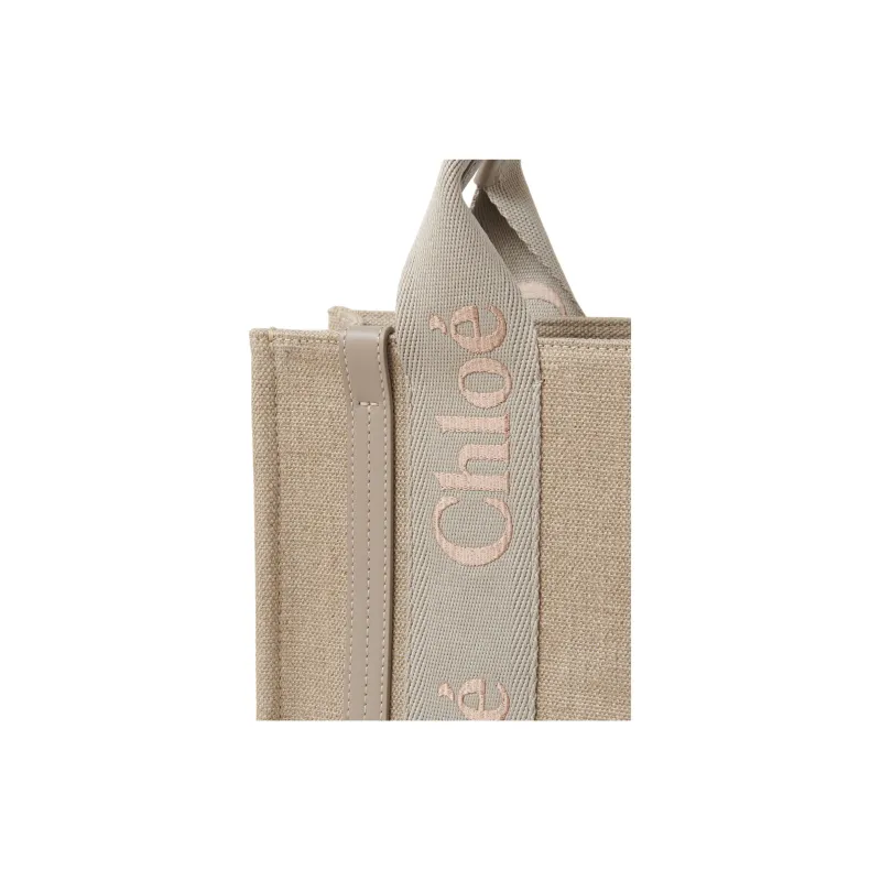 Chloe Woody Linen Tote Bag, Shopping Bag, Shoulder Bag, Handbag Small Size Women's Khaki-4