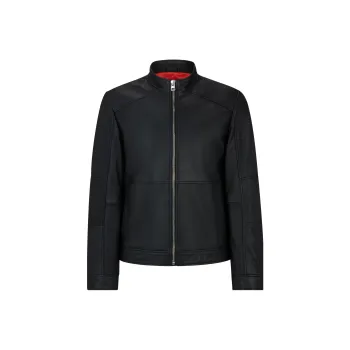 HUGO BOSS Extra Slim Fit Leather Jacket With Red Lining Leather Jacket Men's Black