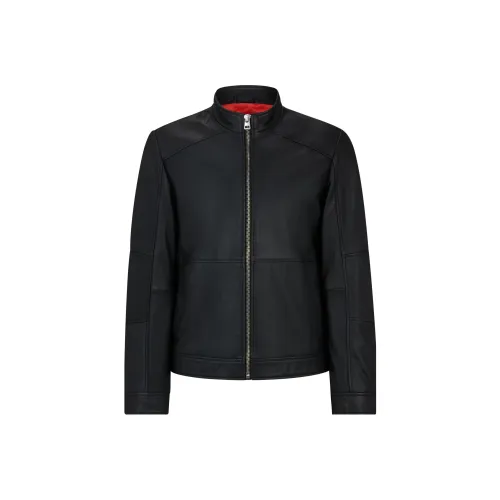 HUGO BOSS Extra Slim Fit Leather Jacket With Red Lining Leather Jacket Men's Black