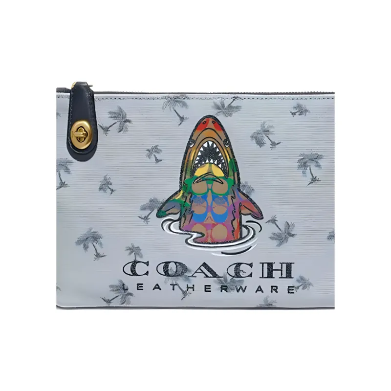 COACH Turnlock Canvas Clutch Medium Size Women's Gray-2