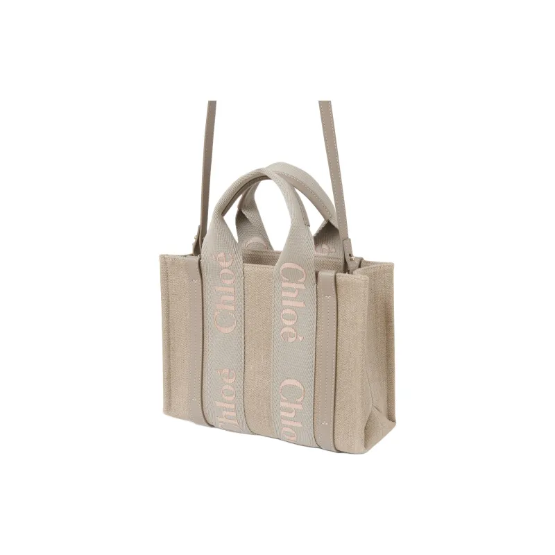 Chloe Woody Linen Tote Bag, Shopping Bag, Shoulder Bag, Handbag Small Size Women's Khaki-2