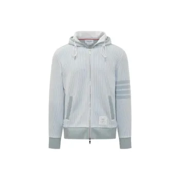 THOM BROWNE 4 Bar Striped Zip Up Drawstring Hoodie