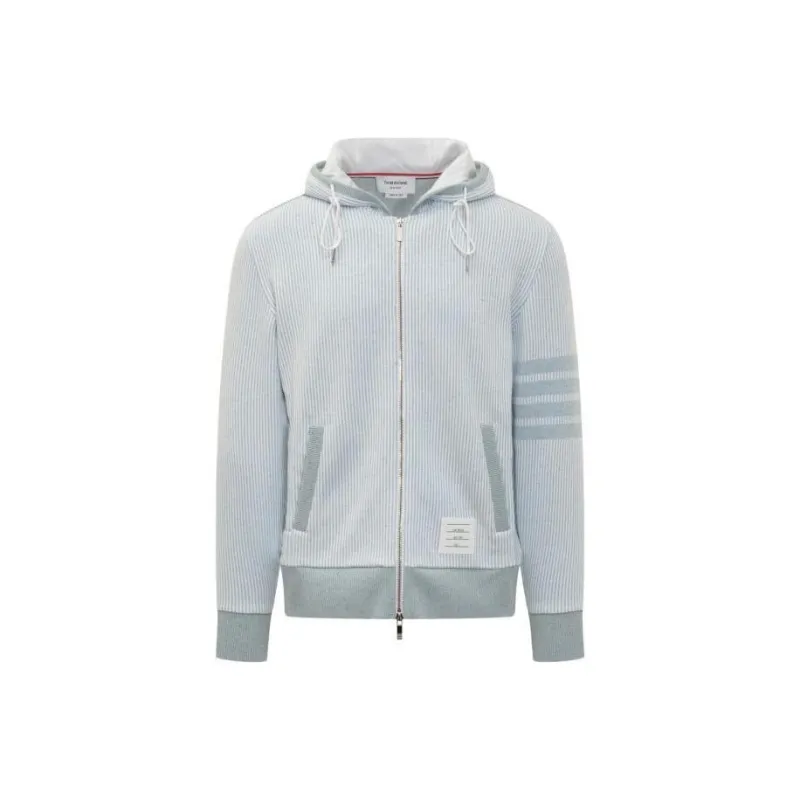 THOM BROWNE 4 Bar Striped Zip Up Drawstring Hoodie-0