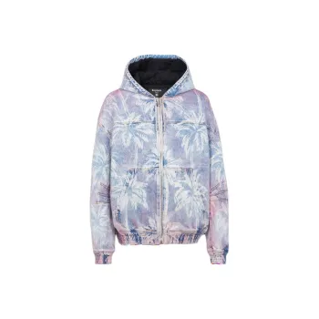 BALMAIN Palm Tree Printed Denim Hooded Bomber Jacket
