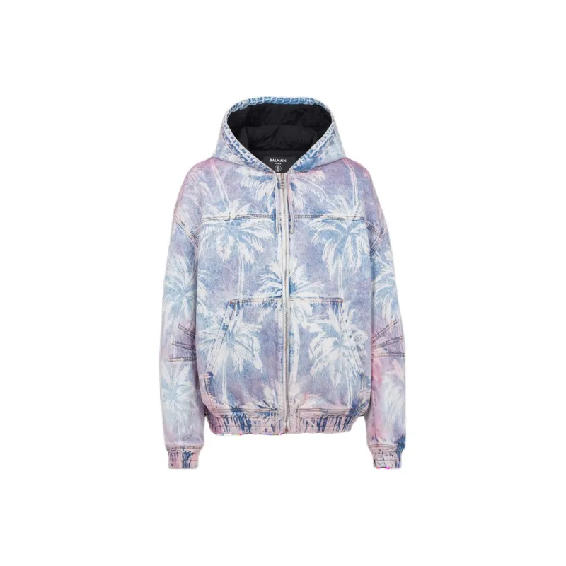 BALMAIN Palm Tree Printed Denim Hooded Bomber Jacket-0