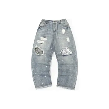 XXGOGO Straight Jeans Unisex Distressed Denim Blue