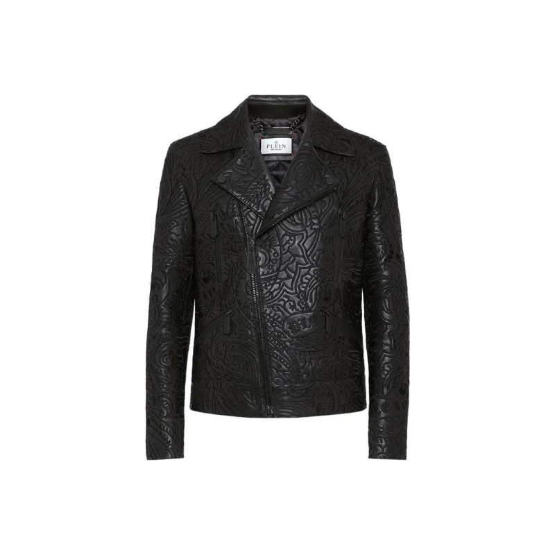 PHILIPP PLEIN Paisley print Leather Biker Jacket-0