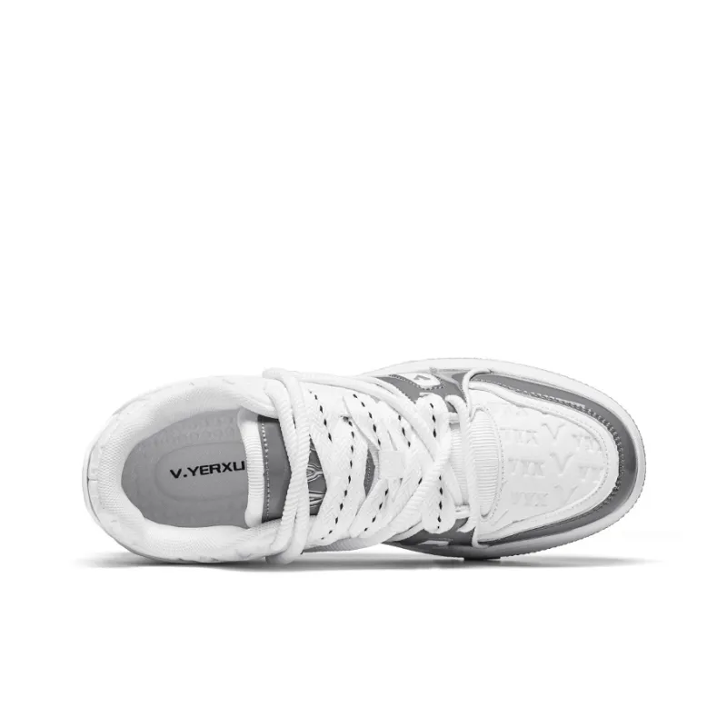 V.YERXU Abrasion Resistant Lightweight Breathable Height Increasing Low Top Skateboard Shoes Unisex White Gray-5