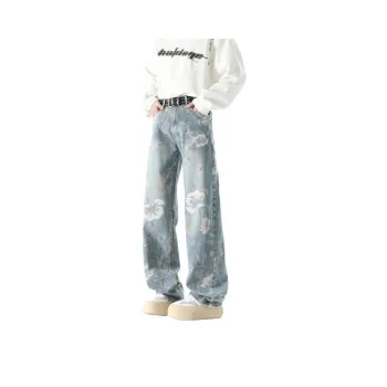 BLANC & ECLARE Niche Luxury Streetwear Print Jeans Men's Light Blue