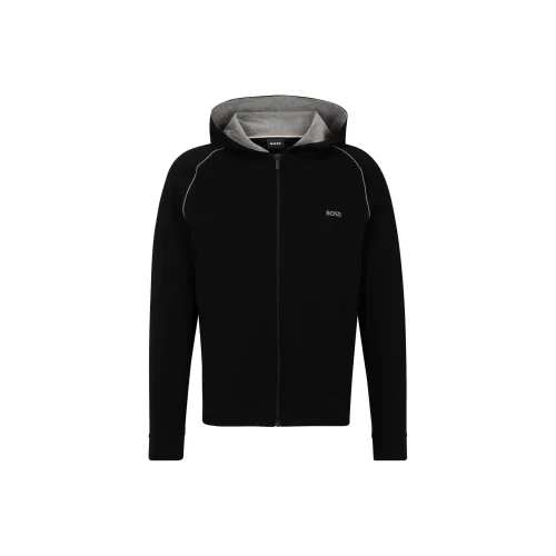 HUGO BOSS Stretch Cotton Zip Up Hoodie With Logo Detail Jackets & Coats Men's Black