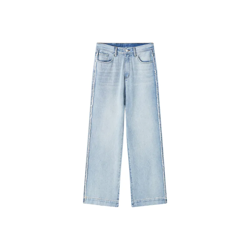 A.B.X Side Seam Frayed Edge Wide Comfortable Denim Pants Men's Light Blue-0