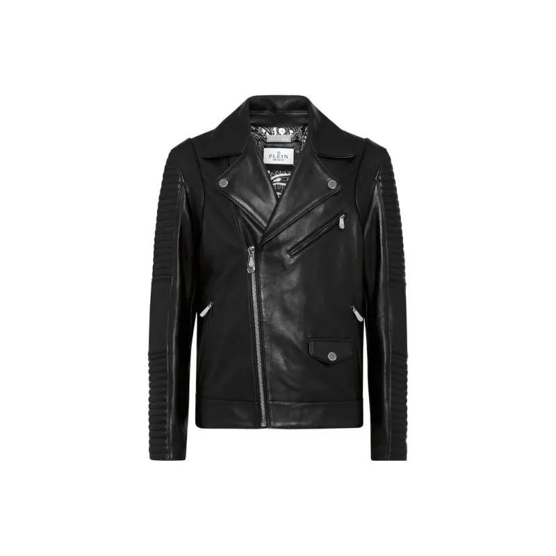 PHILIPP PLEIN Embossed-logo Padded Leather Biker Jacket-0