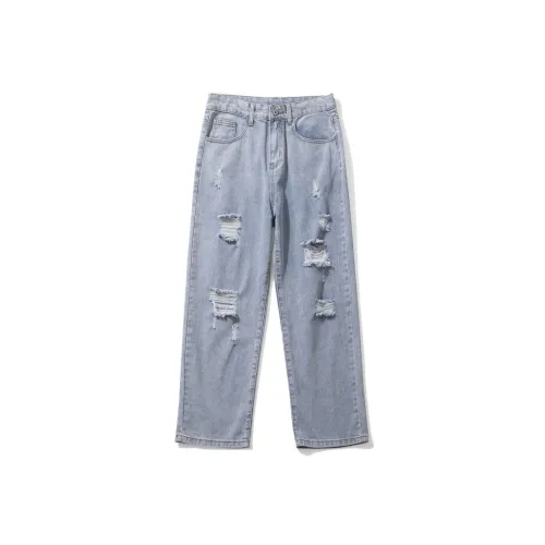 FAIRWHALE Summer Jeans Unisex Ripped Denim Blue