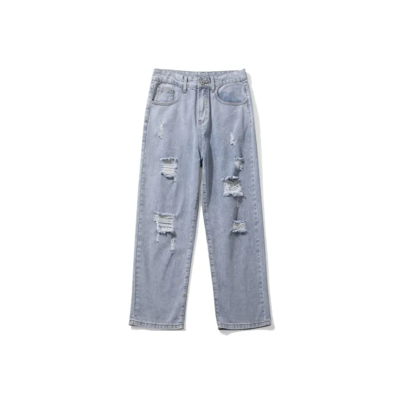 FAIRWHALE Summer Jeans Unisex Ripped Denim Blue-0